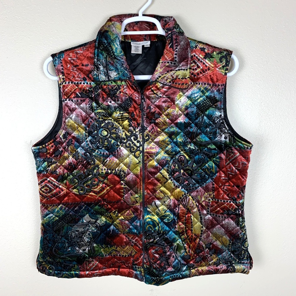 Coldwater Creek Velvet Velour Quilted Vest Size 1X Boho Artsy Hippie Whimsey